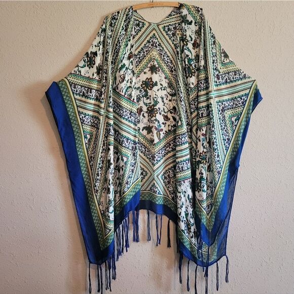 Open Front Bohemian Aztec Diamond Print Tassel Kimono Beach Cover-up Cardigan - Picture 4 of 11